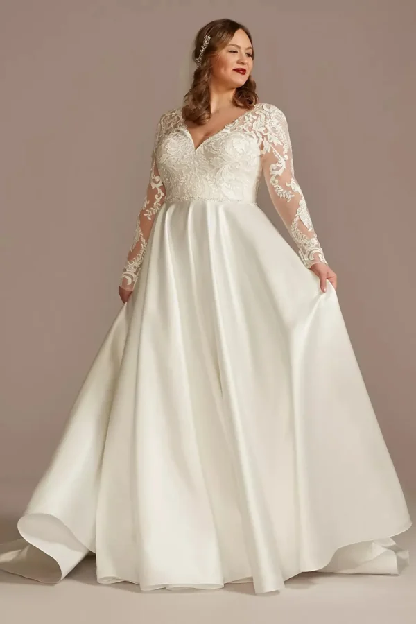 David's Bridal Long Sleeve Satin Applique Wedding Dress