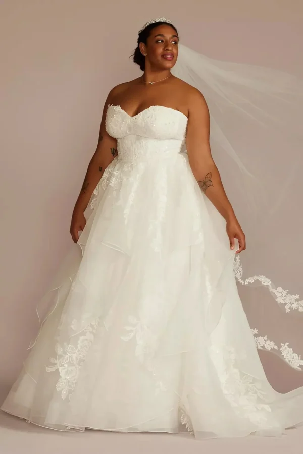 David's Bridal Tiered Floral Ball Gown Wedding Dress