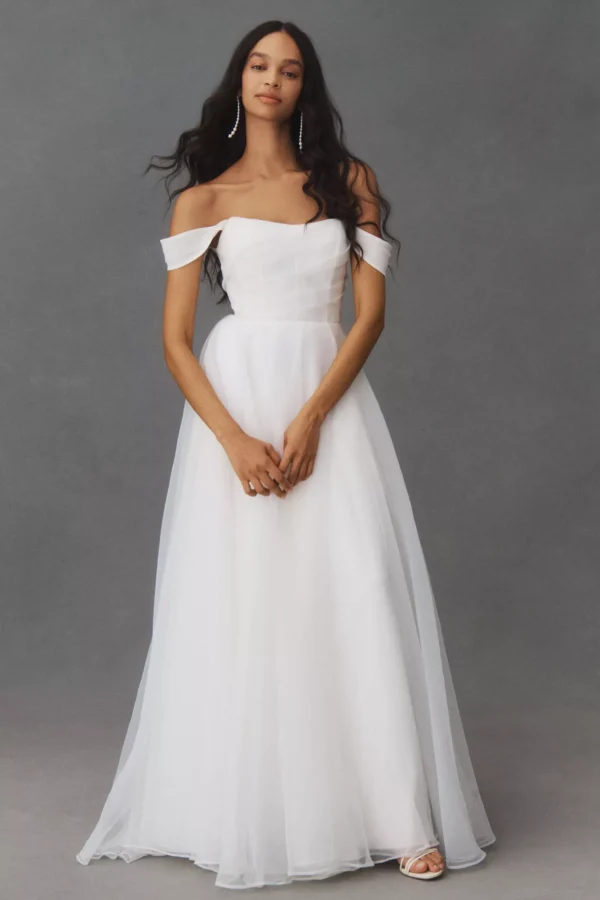 Jenny Yoo Bronte Off-The-Shoulder Organza A-Line Wedding Gown Front