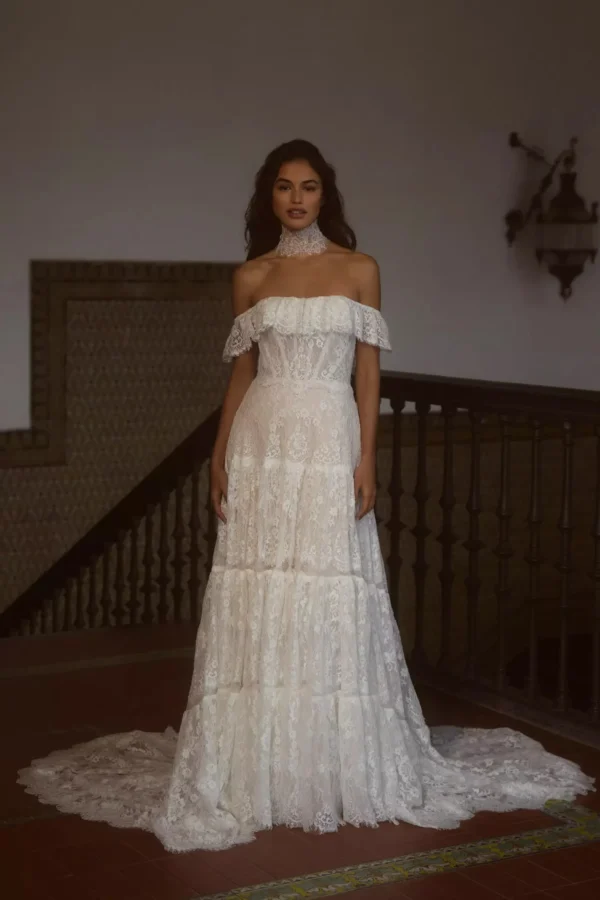 RISH Lauren Square-Neck A-Line Tiered Lace Wedding Gown