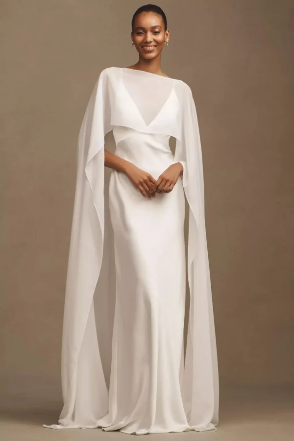Jenny by Jenny Yoo Cilla Satin V-Neck Cape Column Wedding Gown