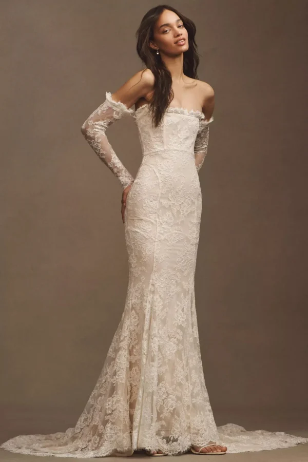 Daughters of Simone Sequoia Lace Off-The-Shoulder Long-Sleeve Mermaid Wedding Gown