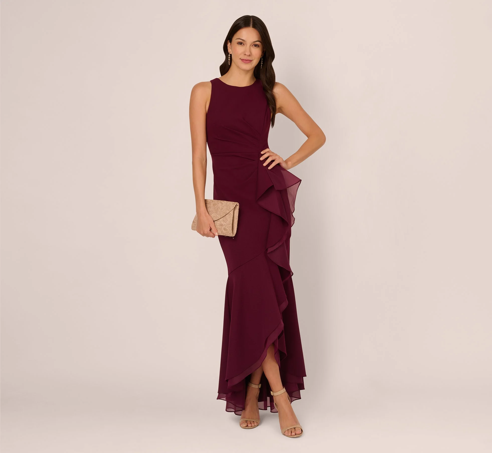 Adrianna Papell High Low Crepe Halter Gown With Organza Draping