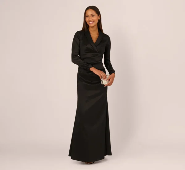 Adrianna Papell Long Sleeve Taffeta Tuxedo Gown