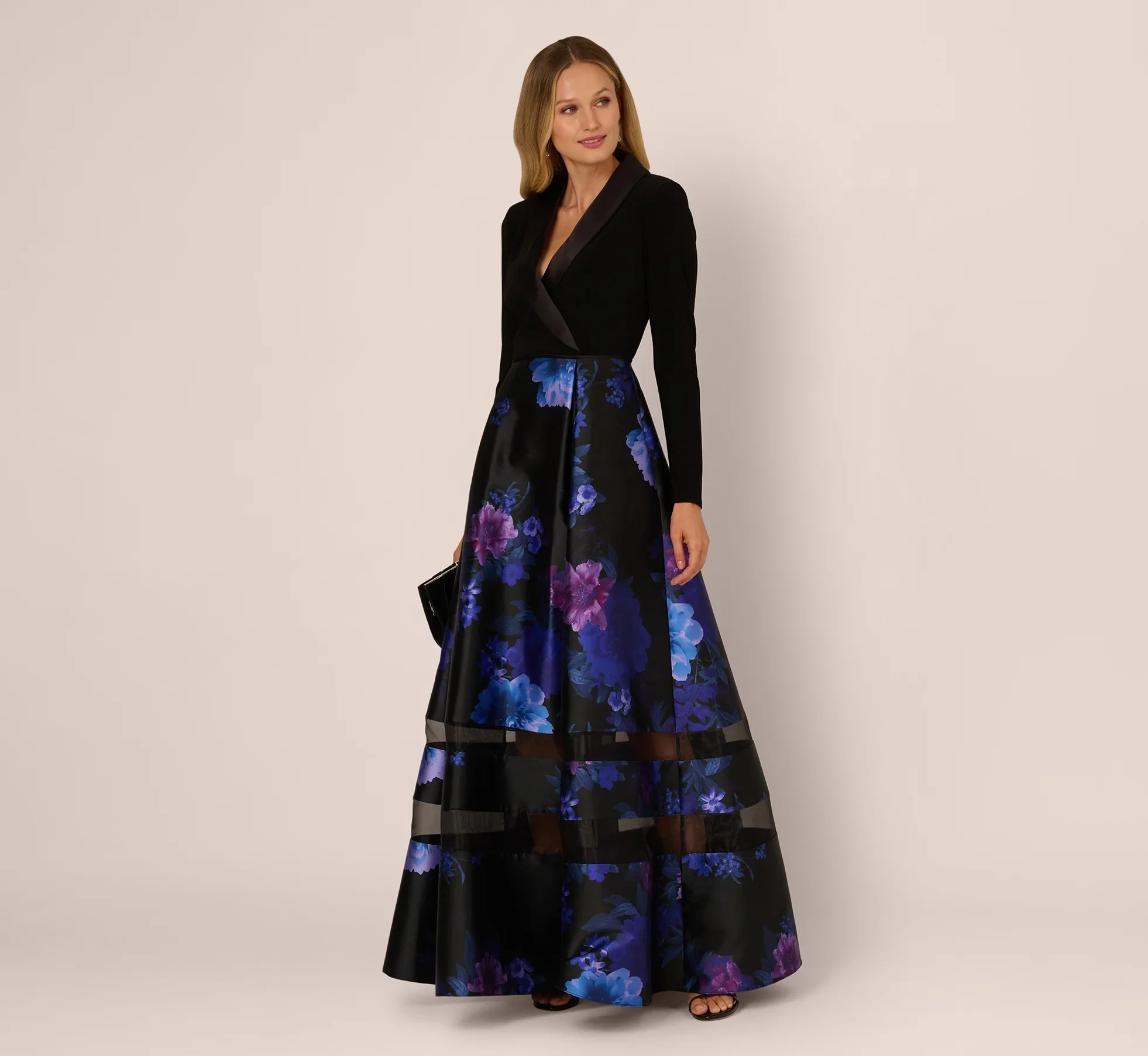 Adrianna Papell Long Sleeve Floral Tuxedo Combo Ballgown
