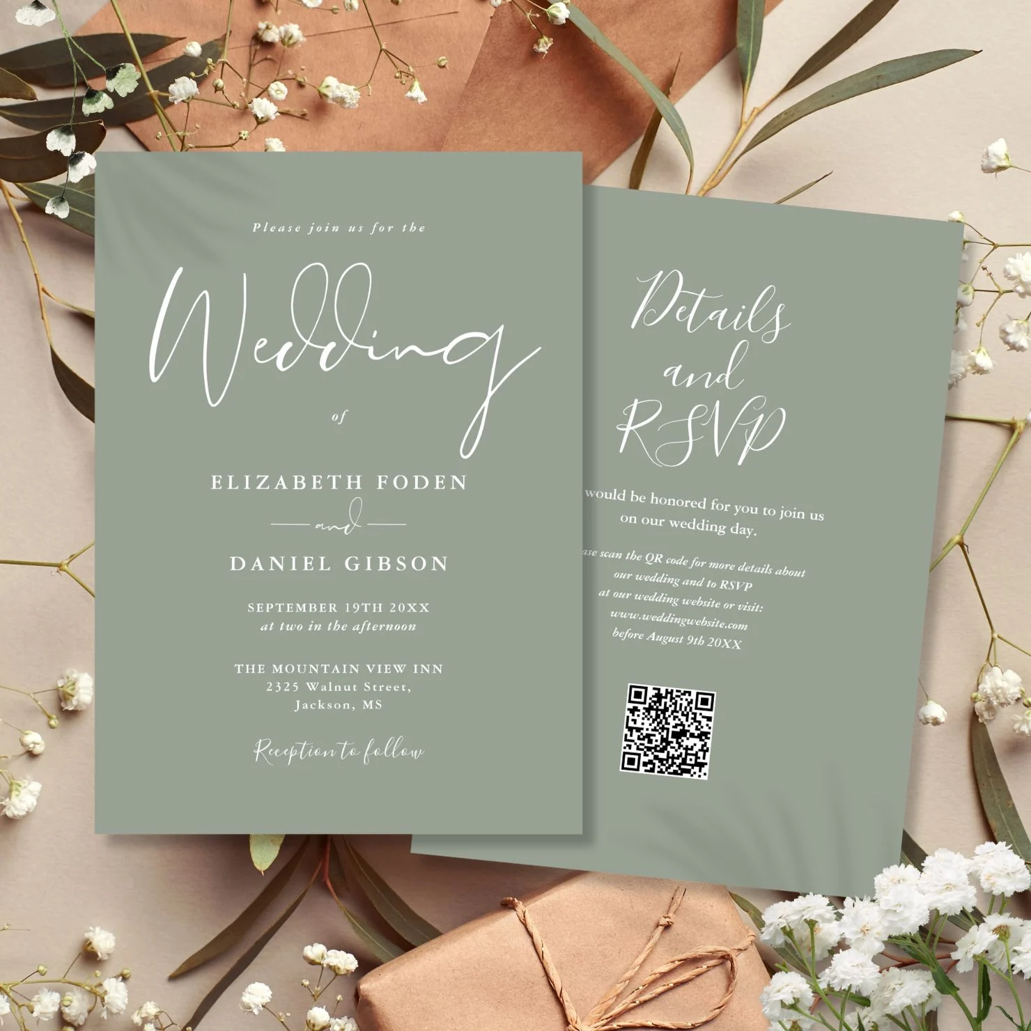 All In One Sage Green Qr Code Wedding Invitation