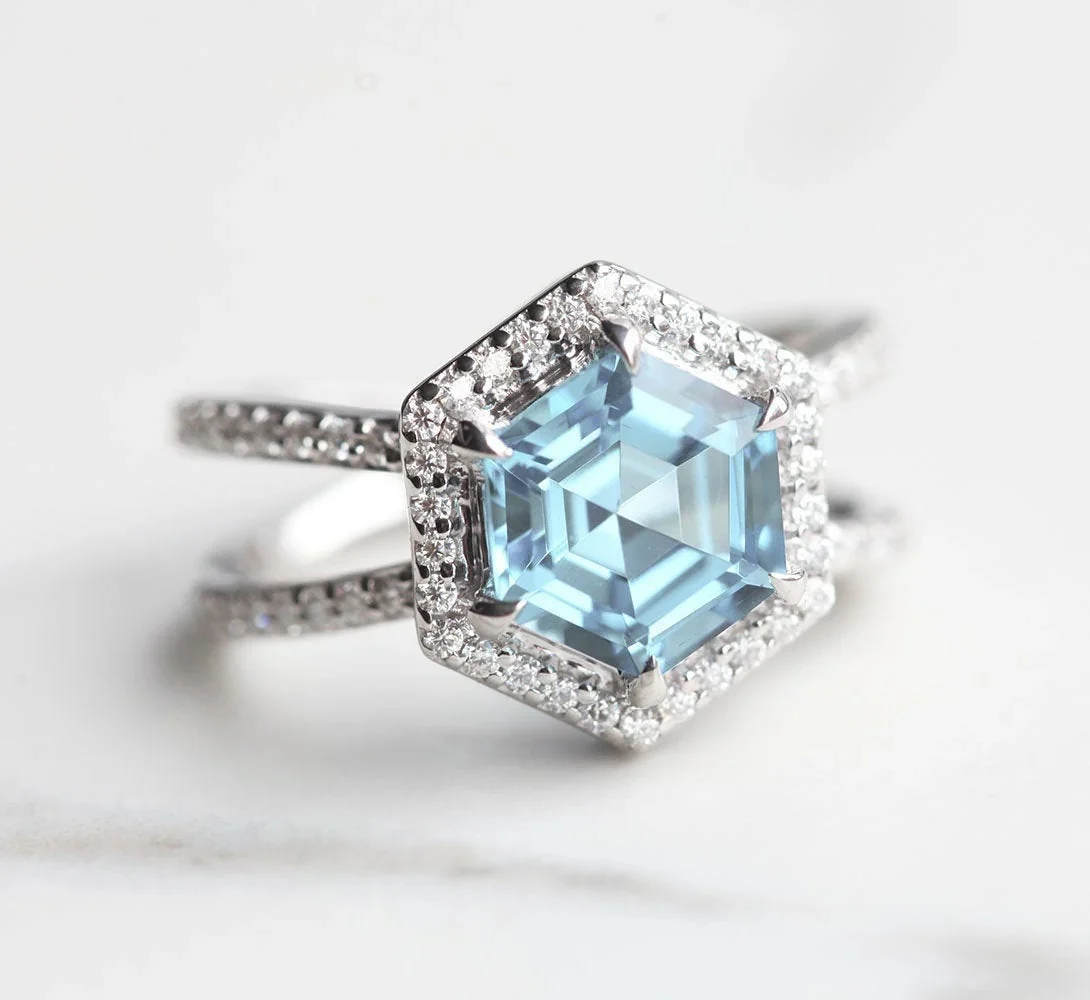 Capucinne Ambrosia Hexagon Aquamarine and Diamond Ring