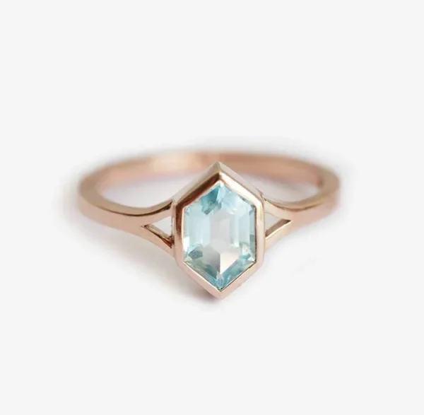 Capucinne Aquamarine Engagement Ring, Hexagon Aquamarine Ring