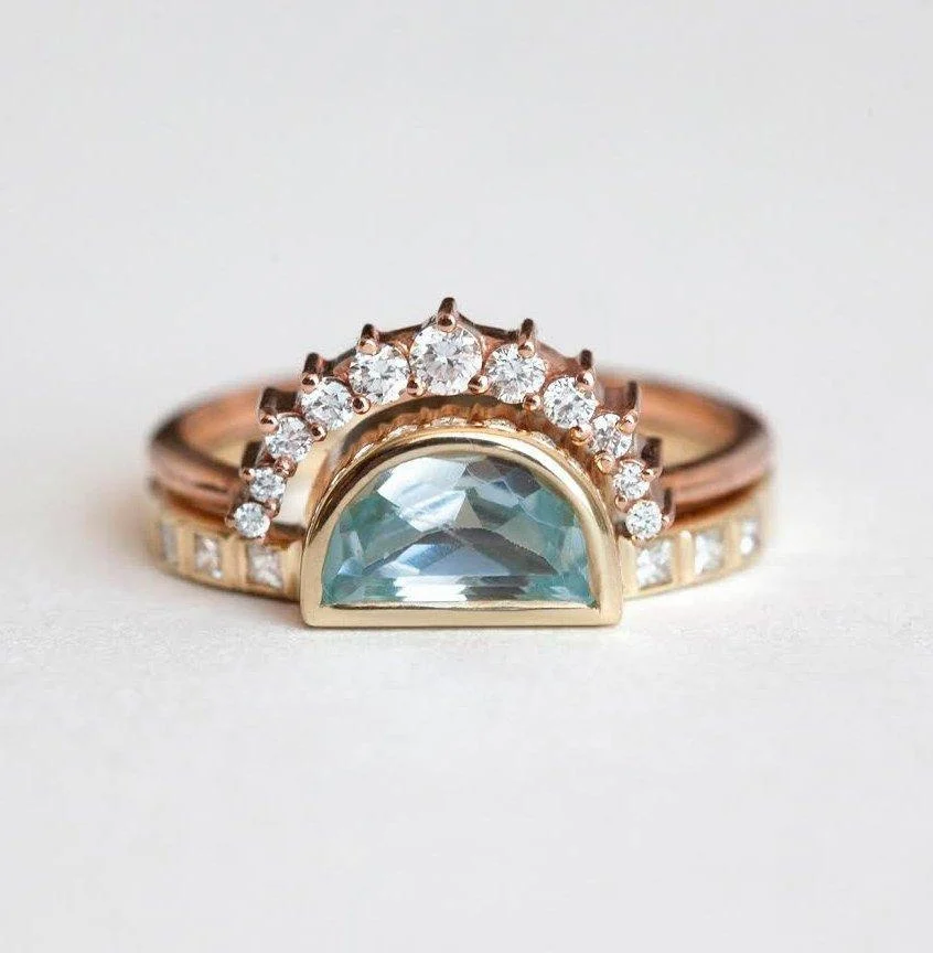 Capucinne Aquamarine Ring, Half Moon Aquamarine Ring