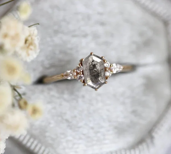 Capucinne Hexagon Salt & Pepper Diamond Ring