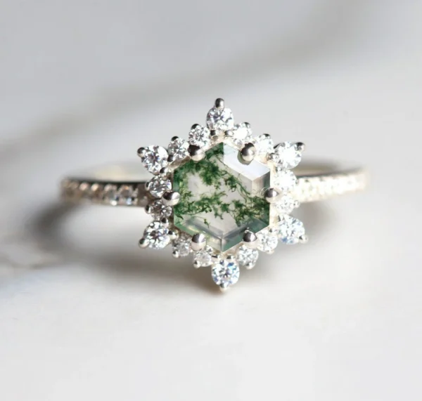 Capucinne Hexagon Moss Agate Ring with Diamond Halo