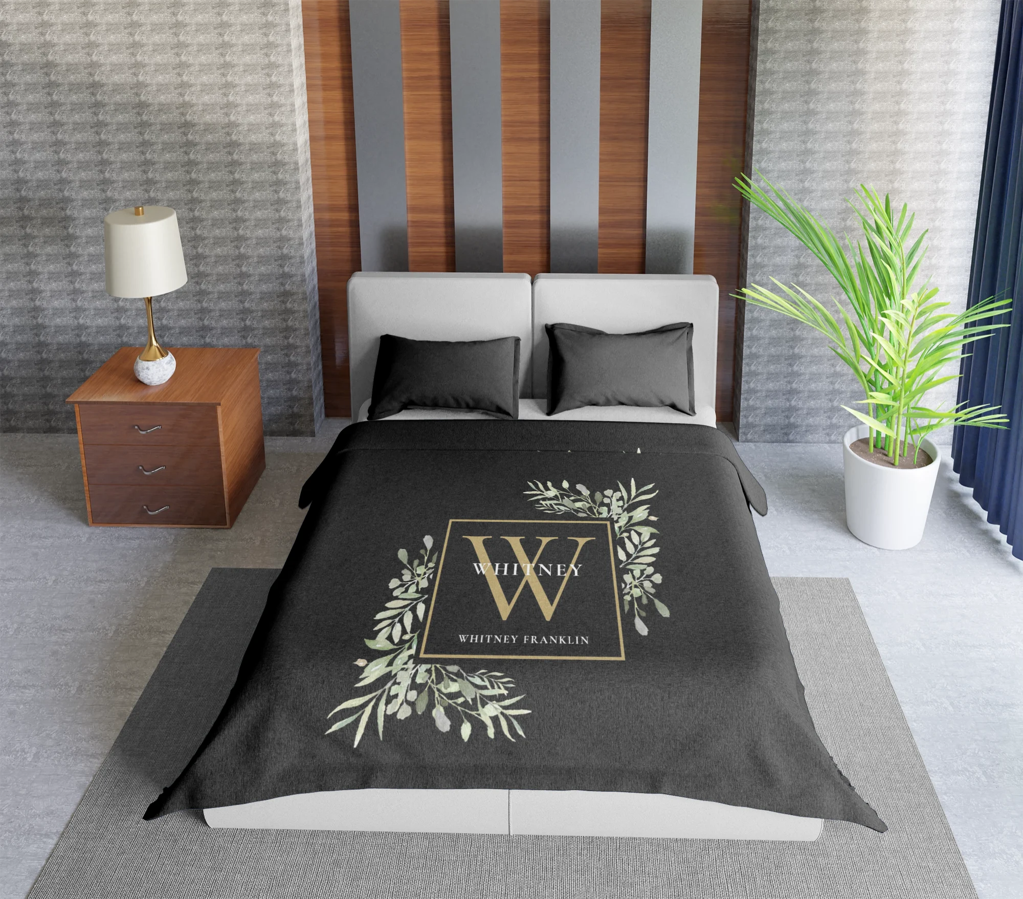 Black Gold Monogram Elegant Modern Greenery Duvet Cover