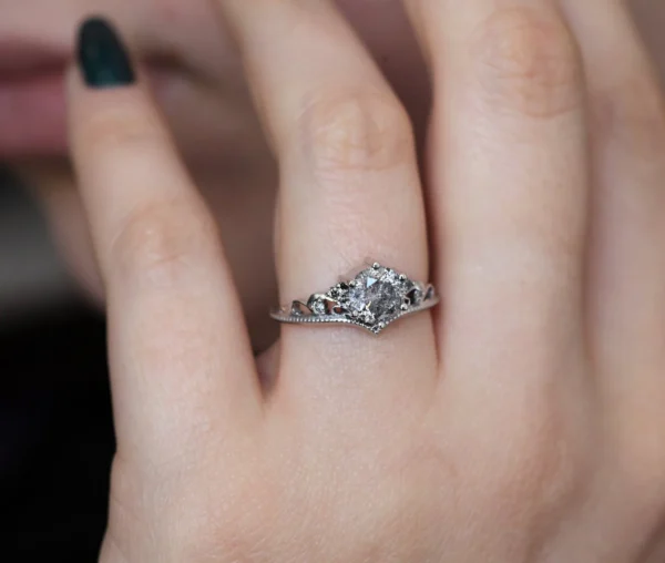 Capucinne Round Salt & Pepper Diamond Ring In Situ