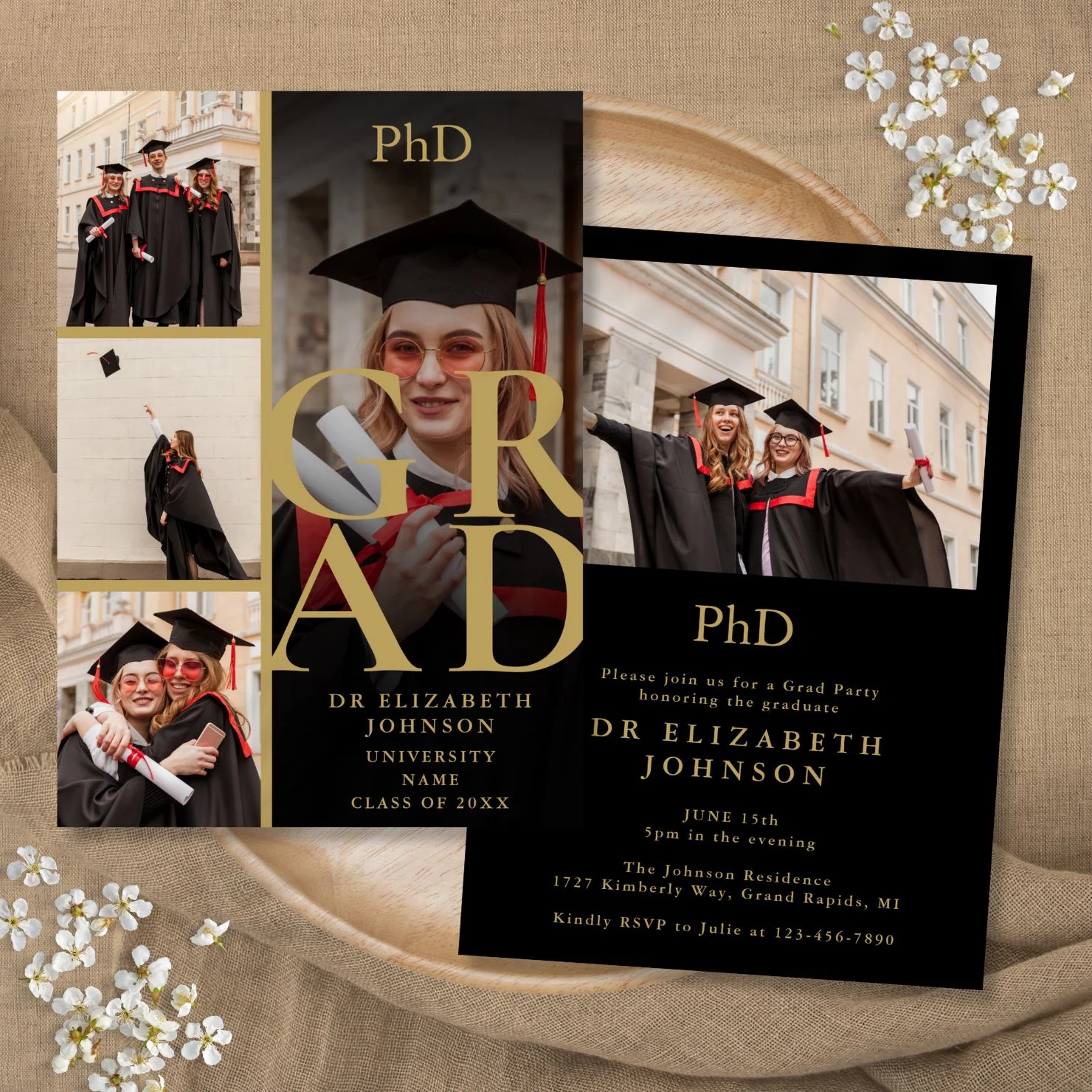 Black And Gold 5 Photo PhD Degree Graduation Party Invitation