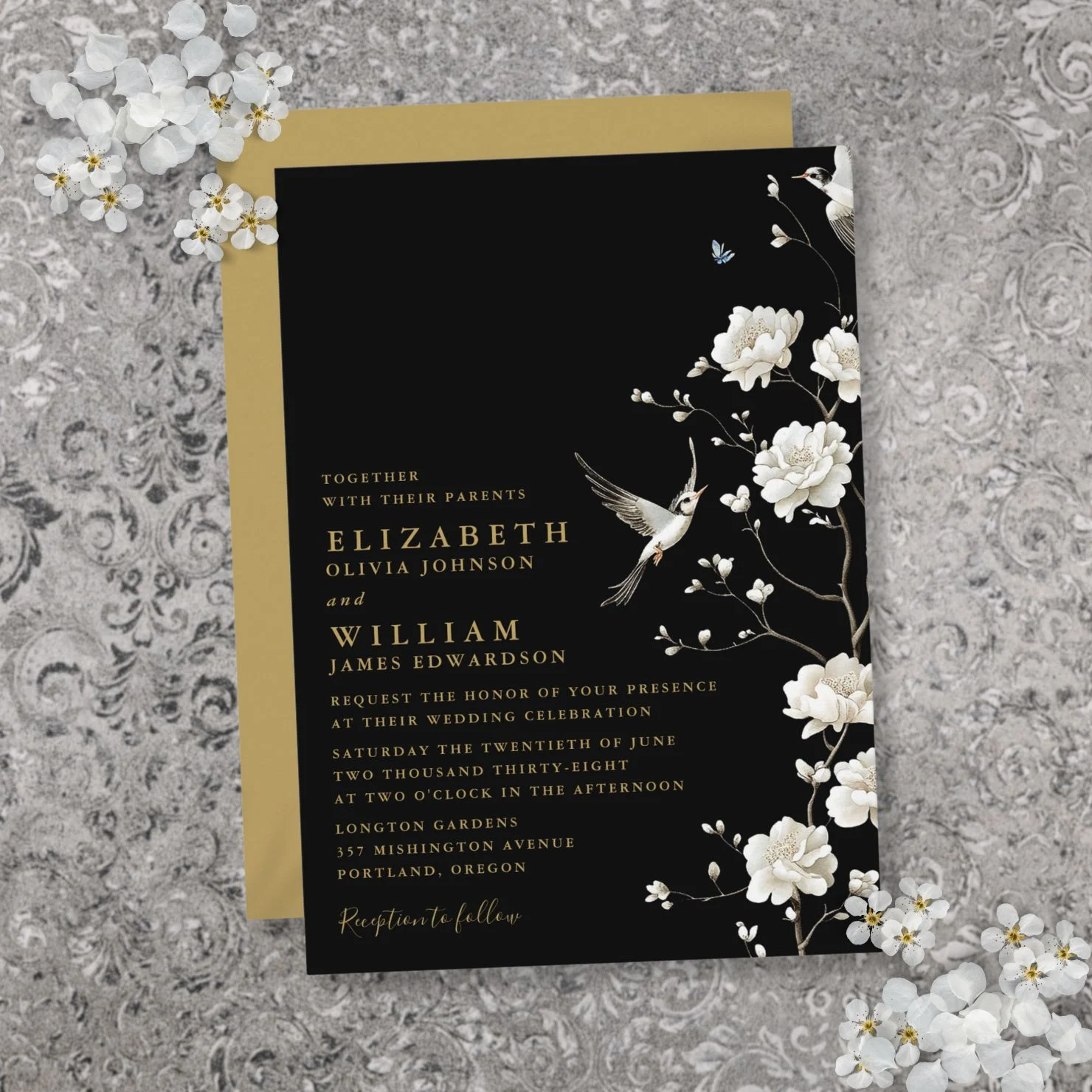 Black And Gold Chinoiserie Floral Garden Wedding Invitation