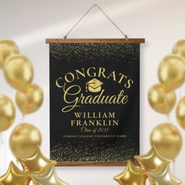 Black And Gold Congrats Graduate Graduation Hanging Tapestry