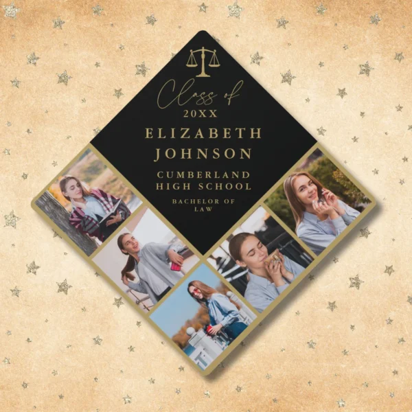 Black And Gold Elegant Law School 5 Photo Collage Graduation Cap Topper