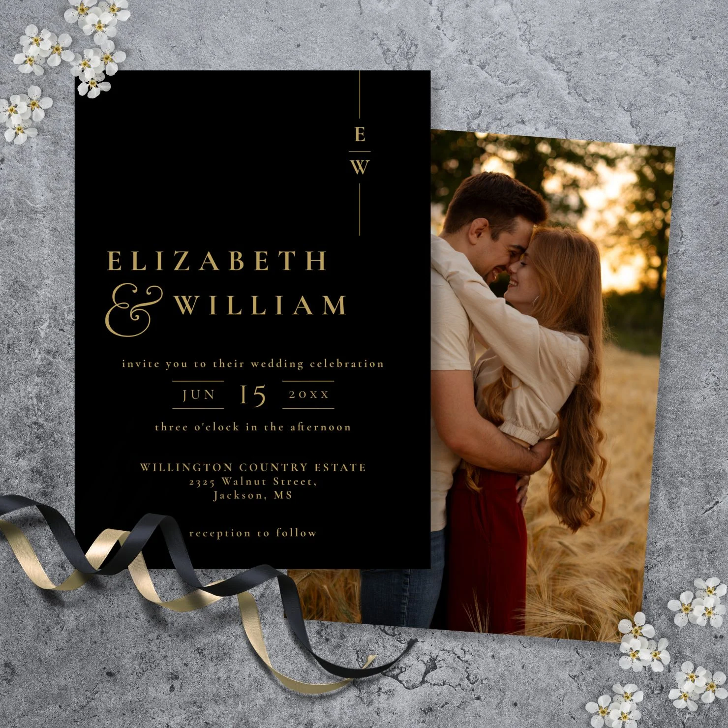 Black And Gold Minimalist Monogram Photo Wedding Invitation