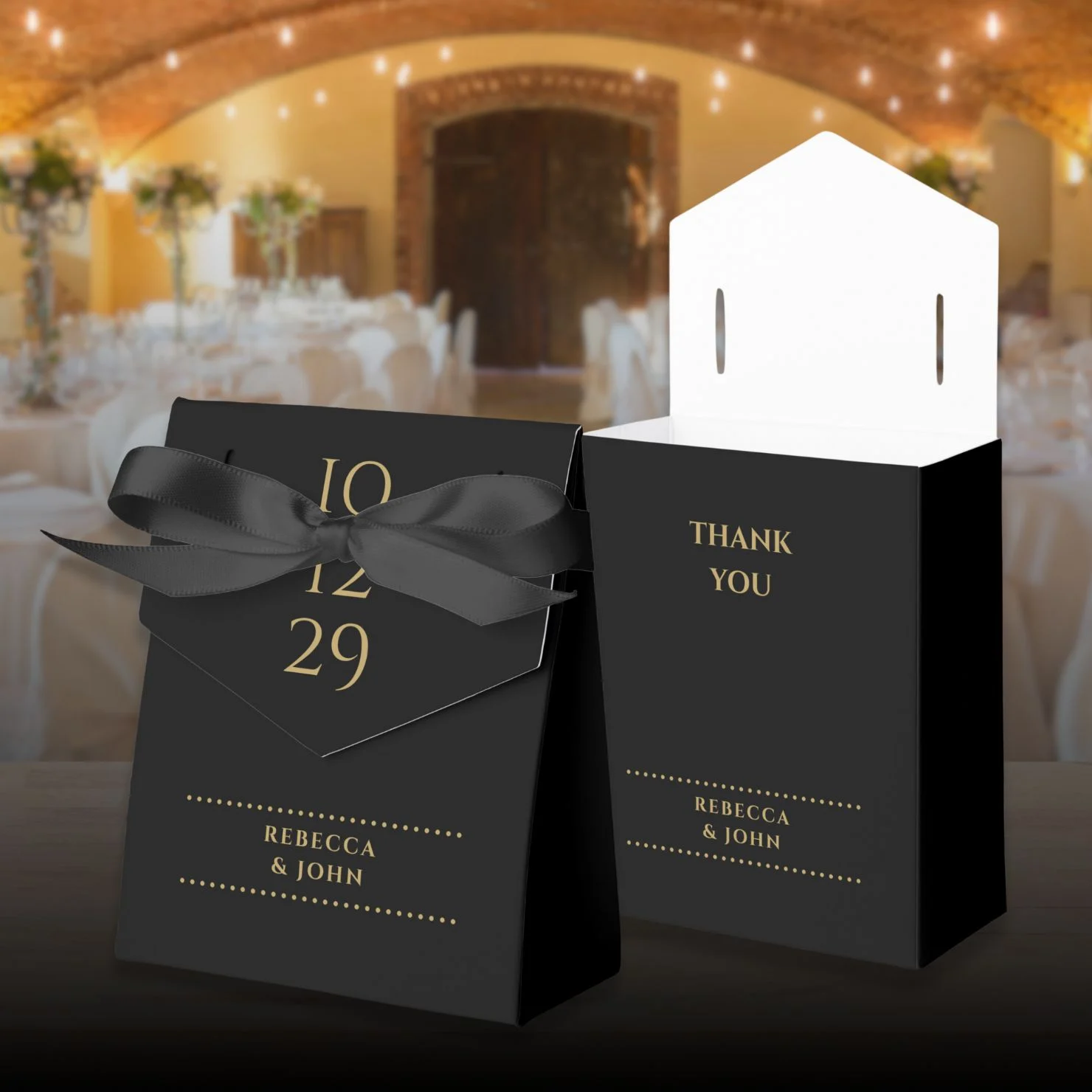 Black And Gold Minimalist Special Date Wedding Favor Boxes