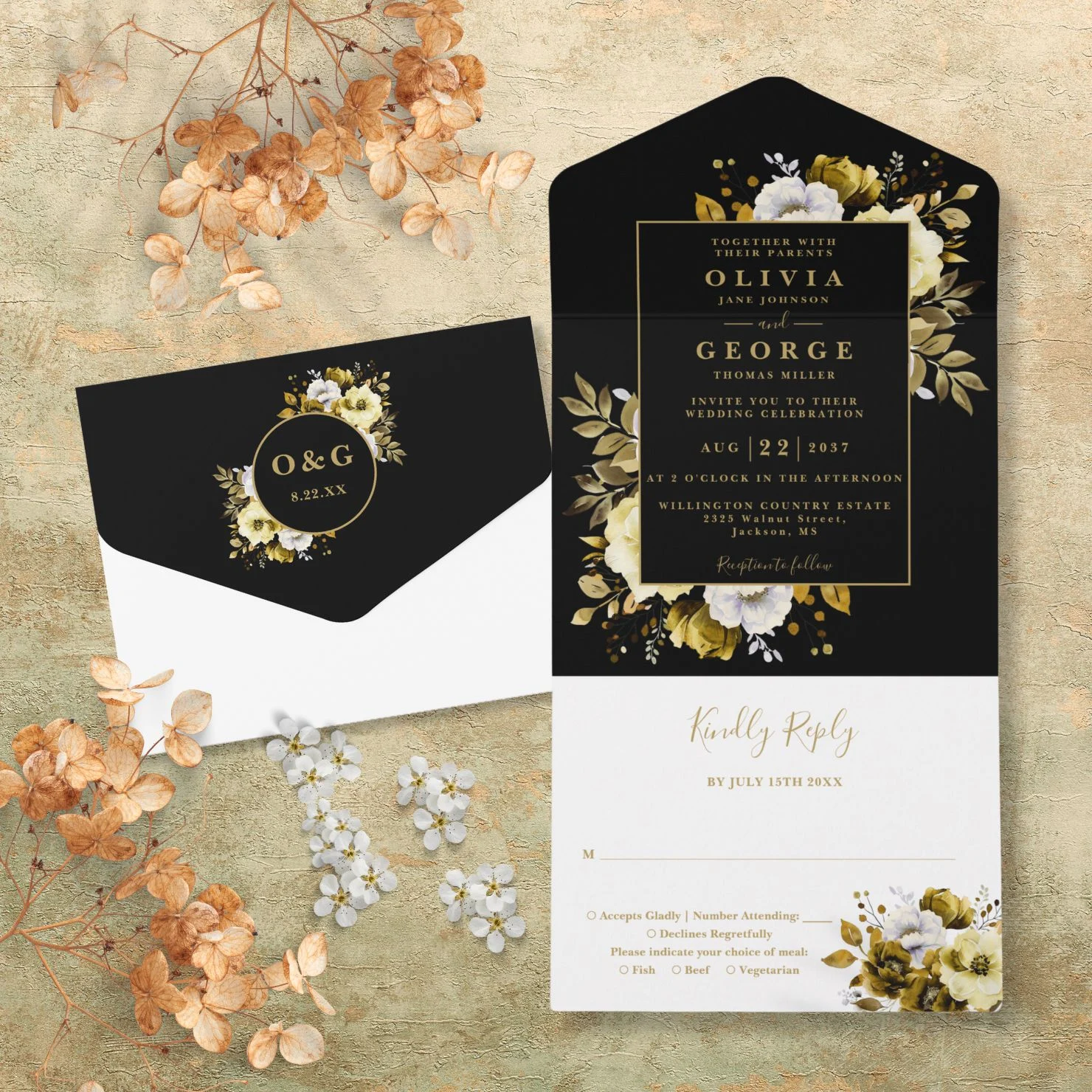 Black And Gold Modern Botanical Floral Wedding All In One Invitation