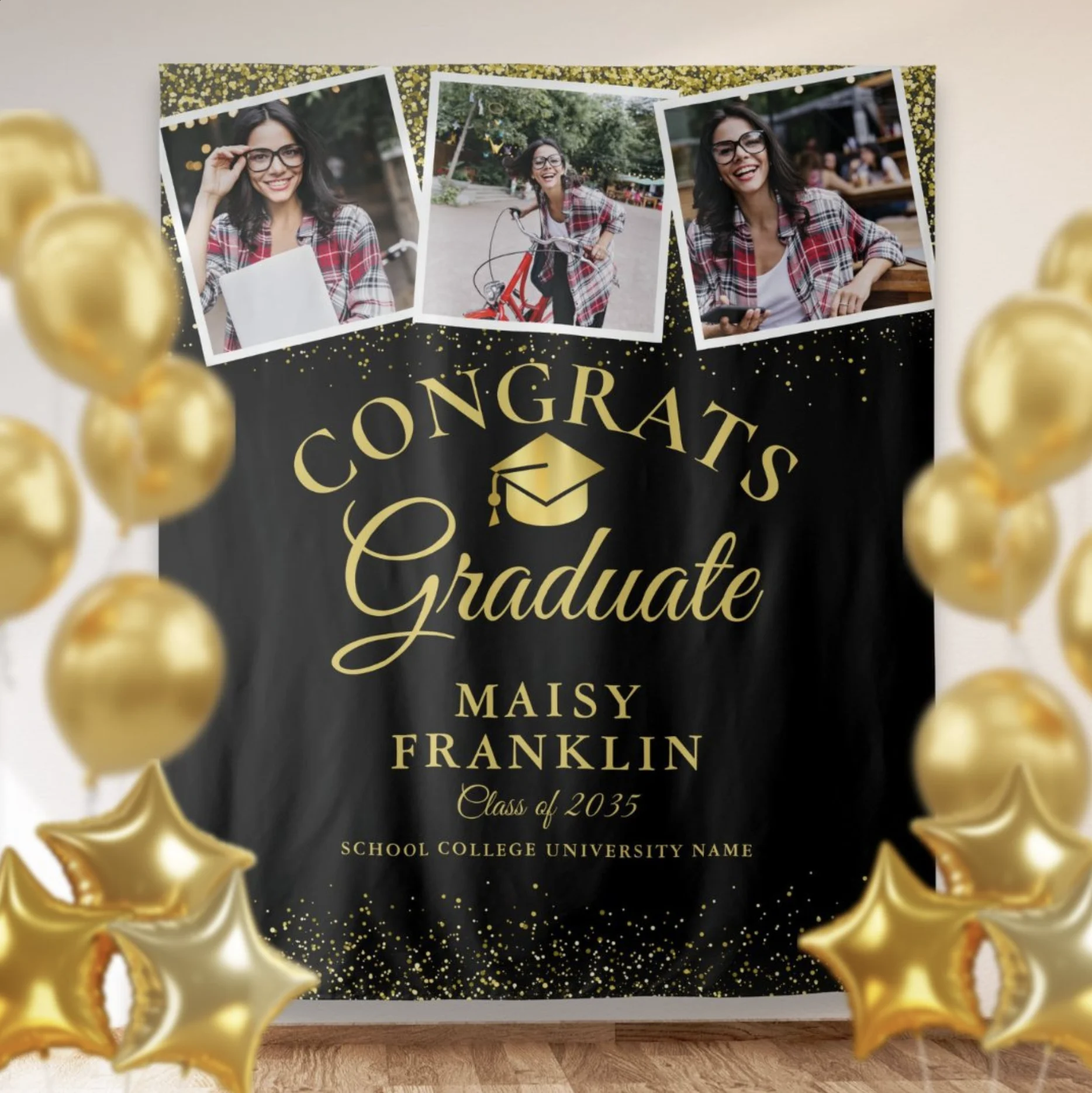 Black And Gold Modern Graduation 3 Photo Backdrop