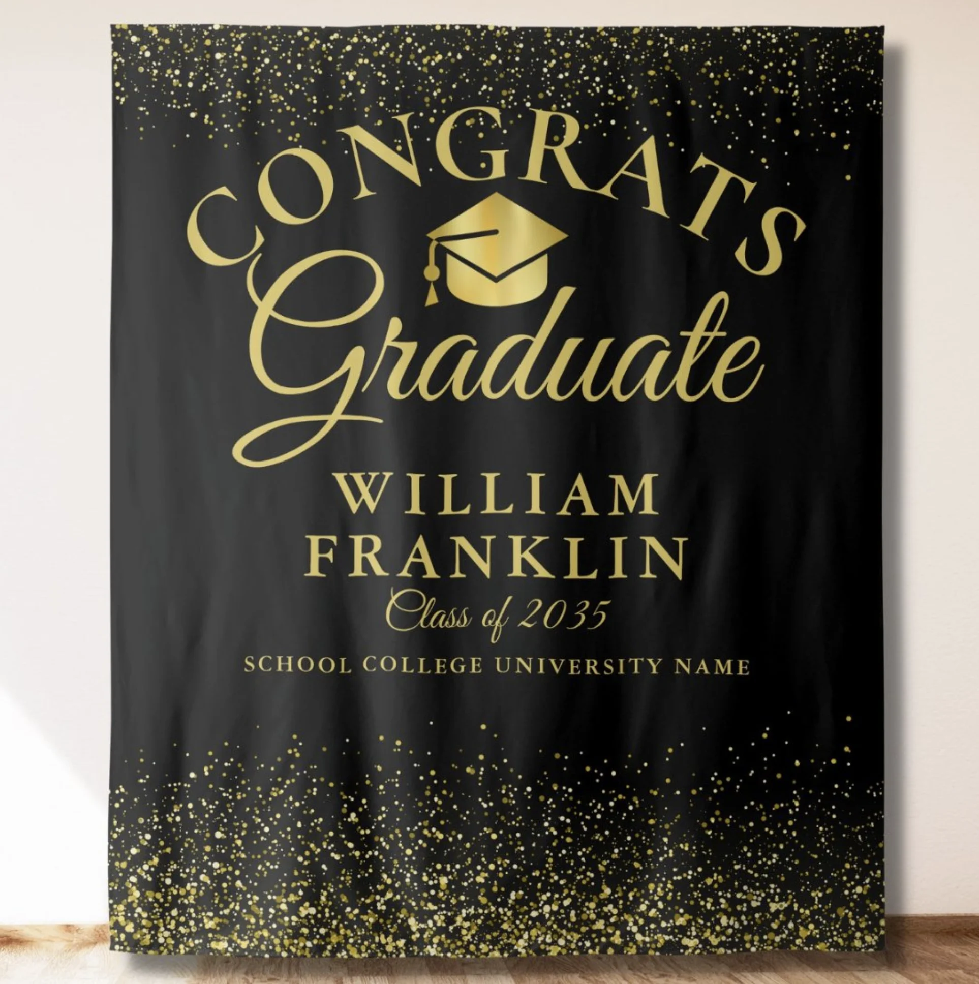 Black And Gold Modern Graduation Photo Backdrop