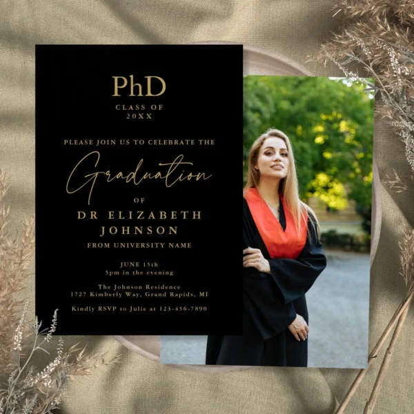Black And Gold PhD Degree Photo Graduation Party Invitation