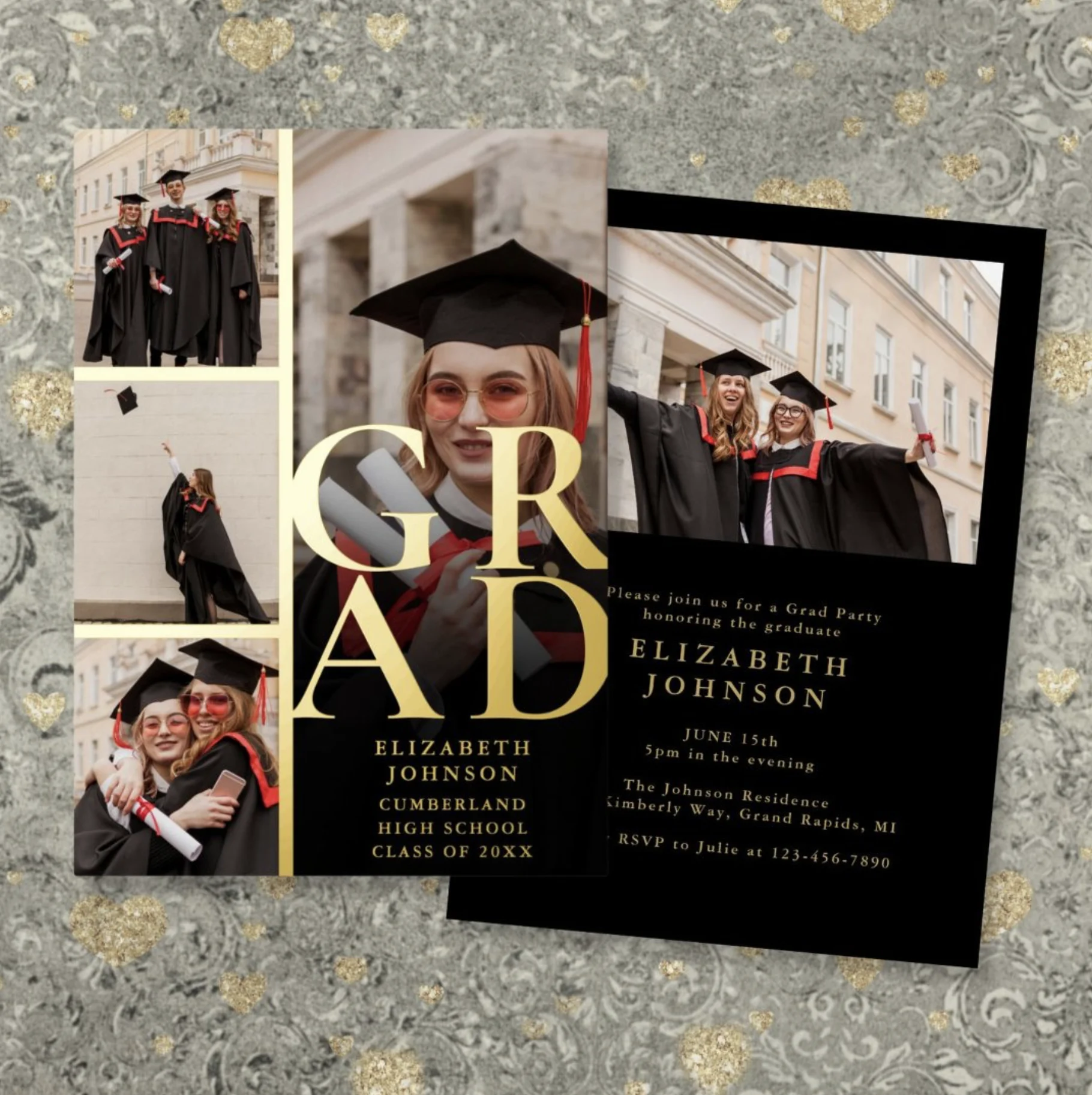 Black And Gold Photo Collage Graduation Party Foil Invitation