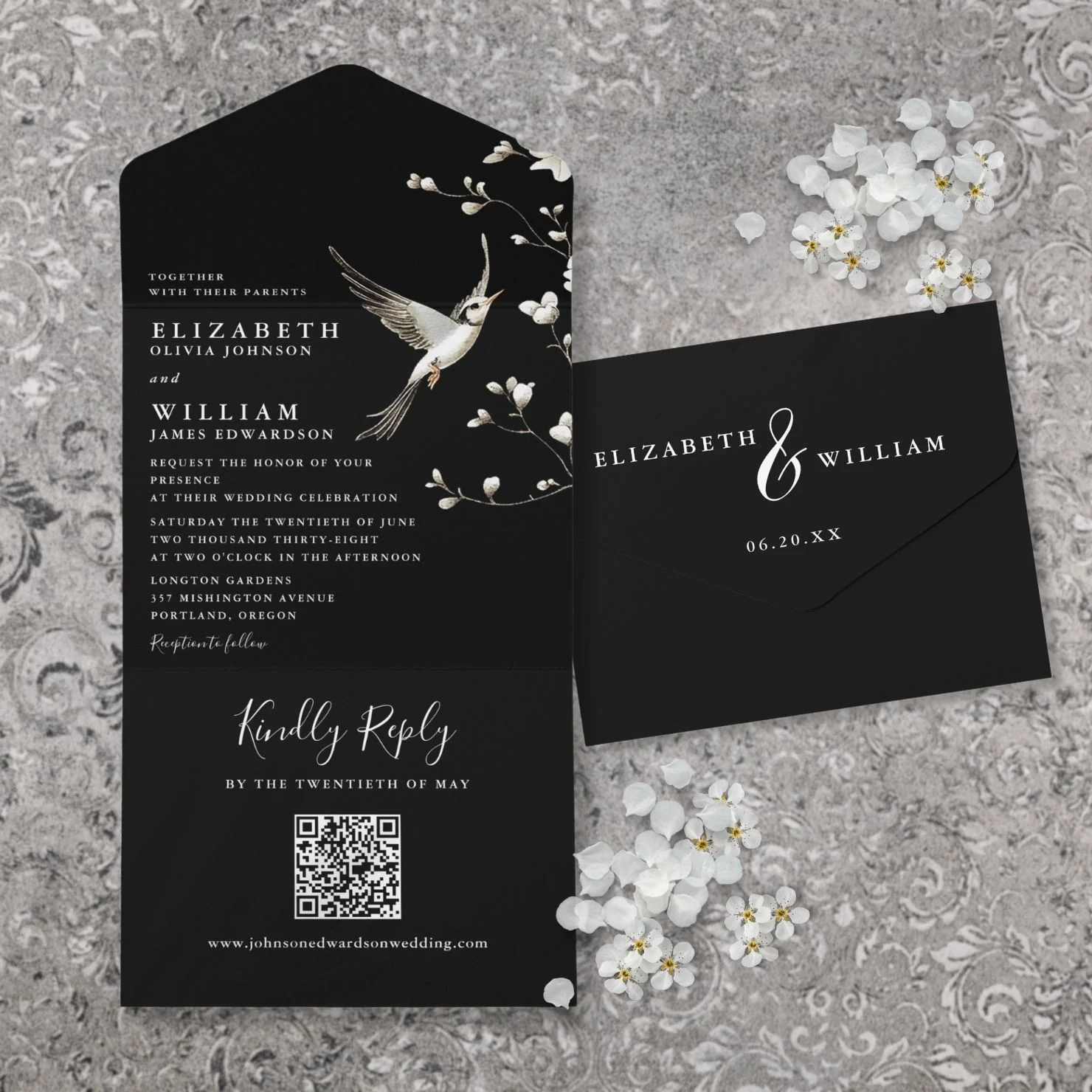 Black And White Chinoiserie Floral Qr Code Wedding All In One Invitation