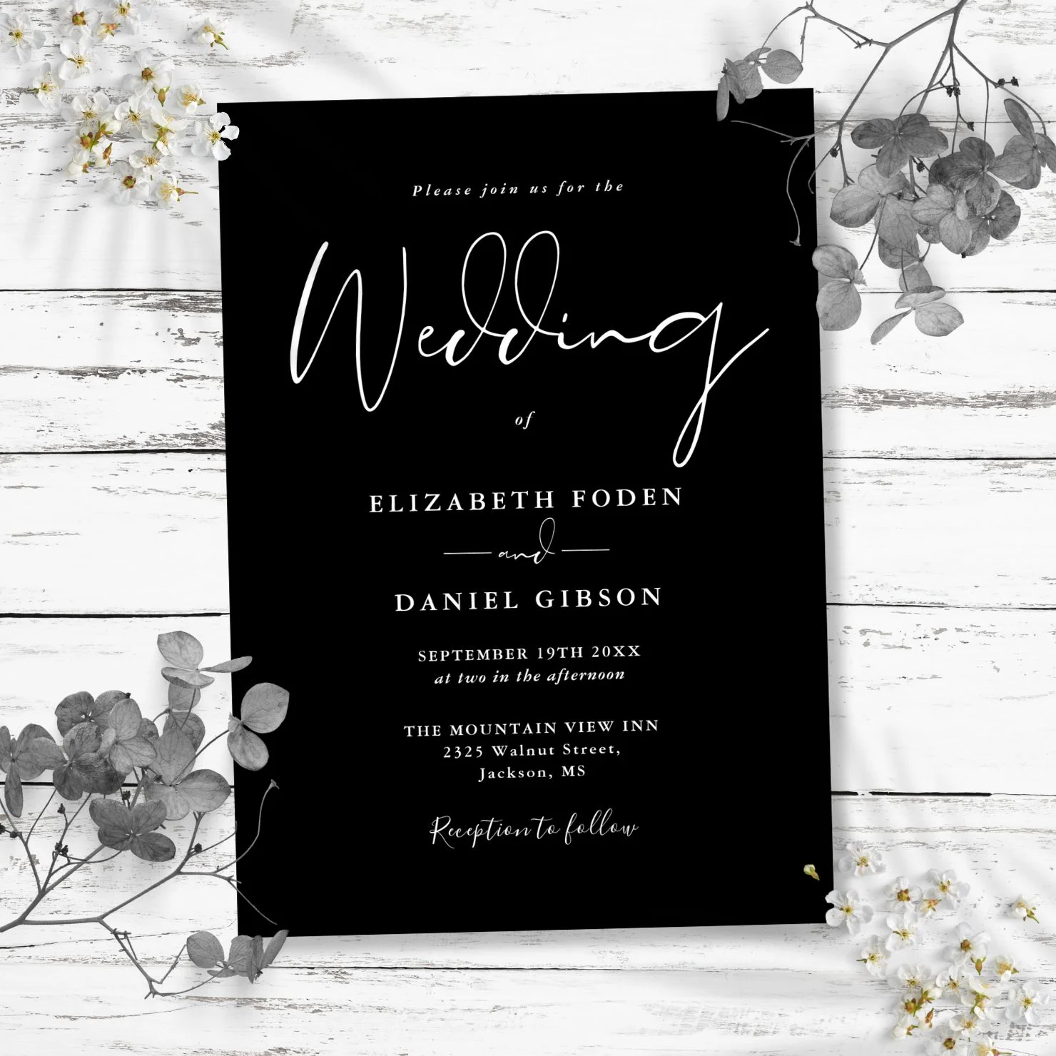 Black And White Elegant Modern Script Wedding Invitation