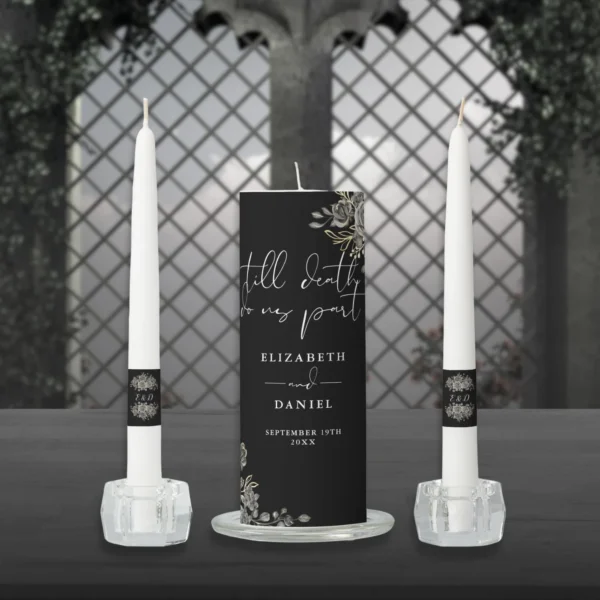 Black And White Gothic Roses Floral Wedding Unity Candle Set