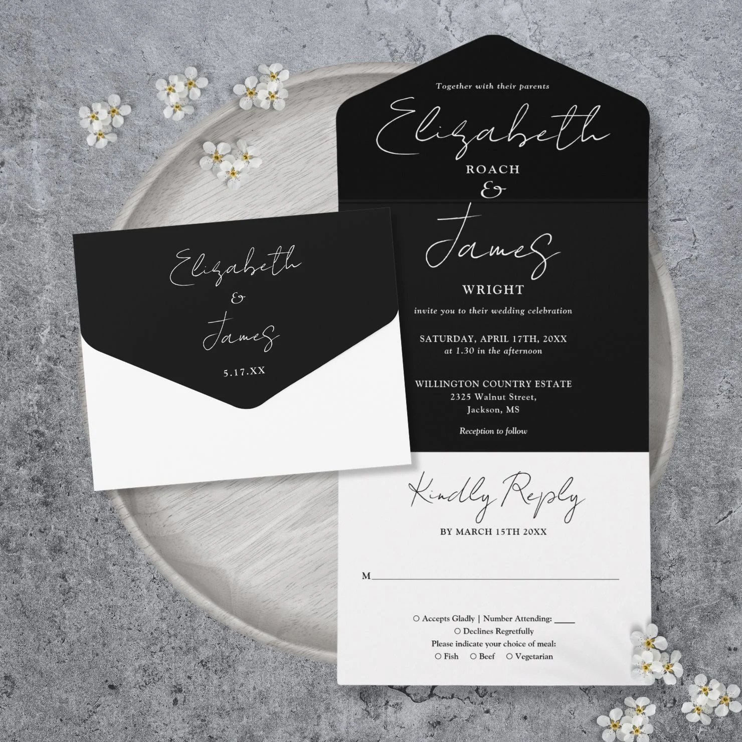 Black And White Minimalist Elegant Script Wedding All In One Invitation