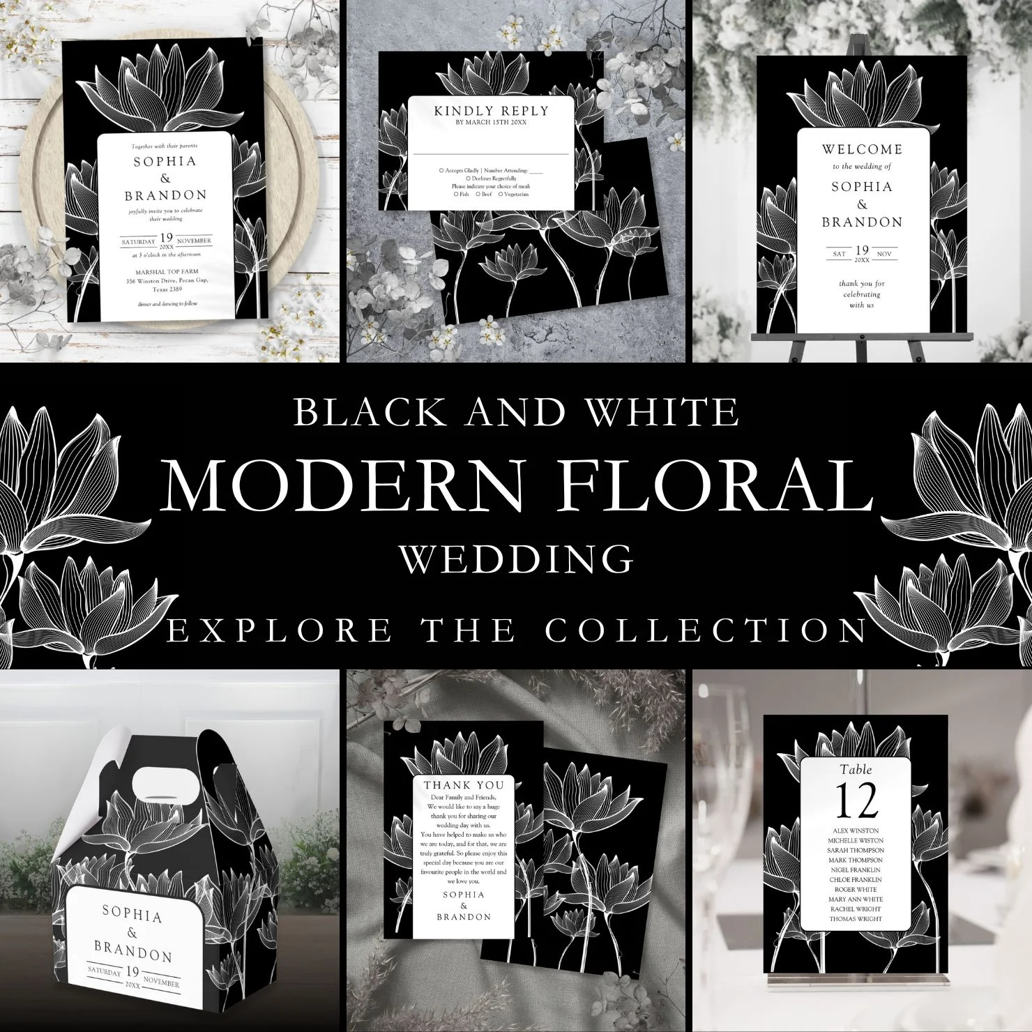 Black And White Modern Floral Wedding Suite