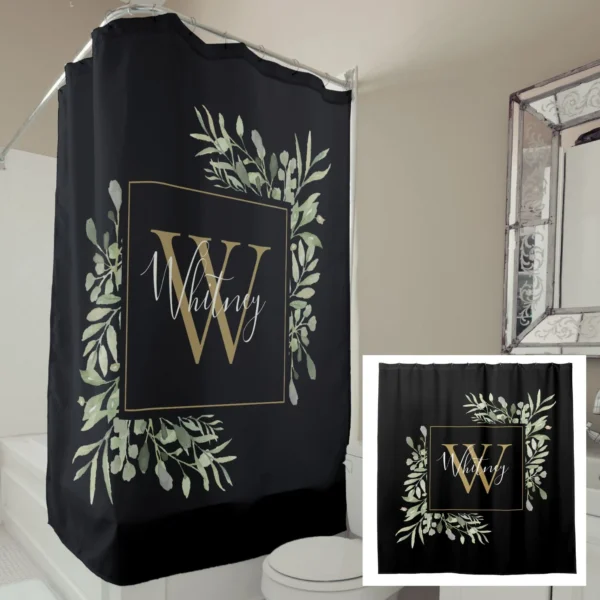 Black Gold Monogram Greenery Floral Shower Curtain