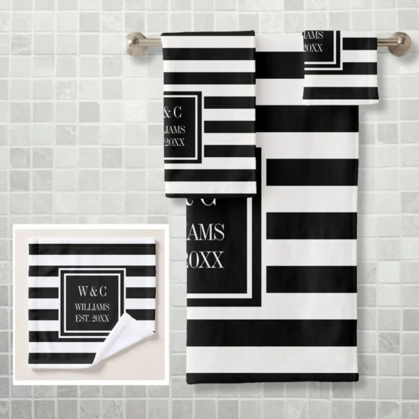Black White Stripe Personalized Monogram Bath Towel Set