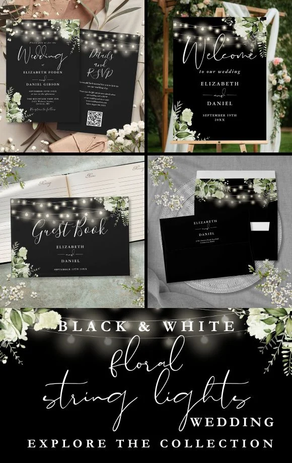 Black And White Floral String Lights Wedding Suite