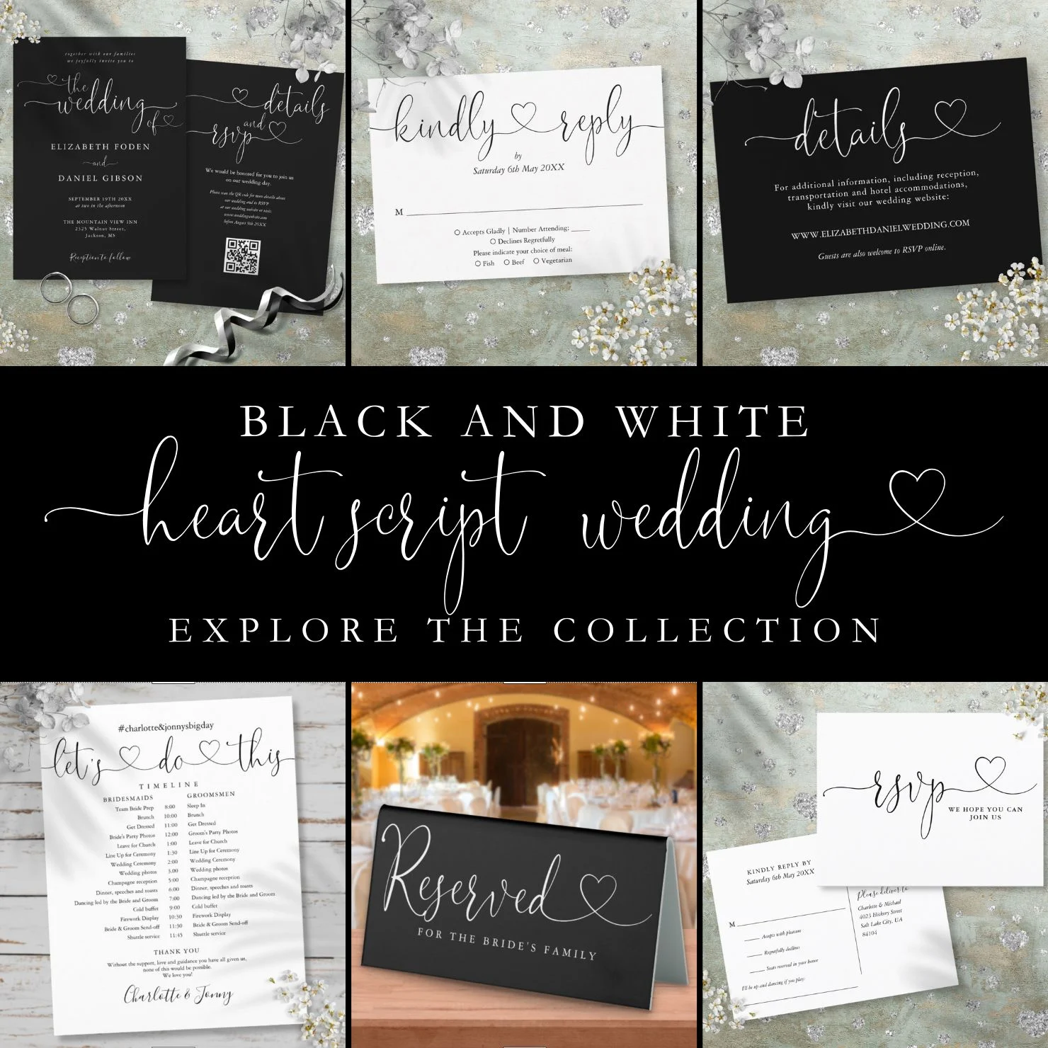 Black and White Heart Script Wedding Suite