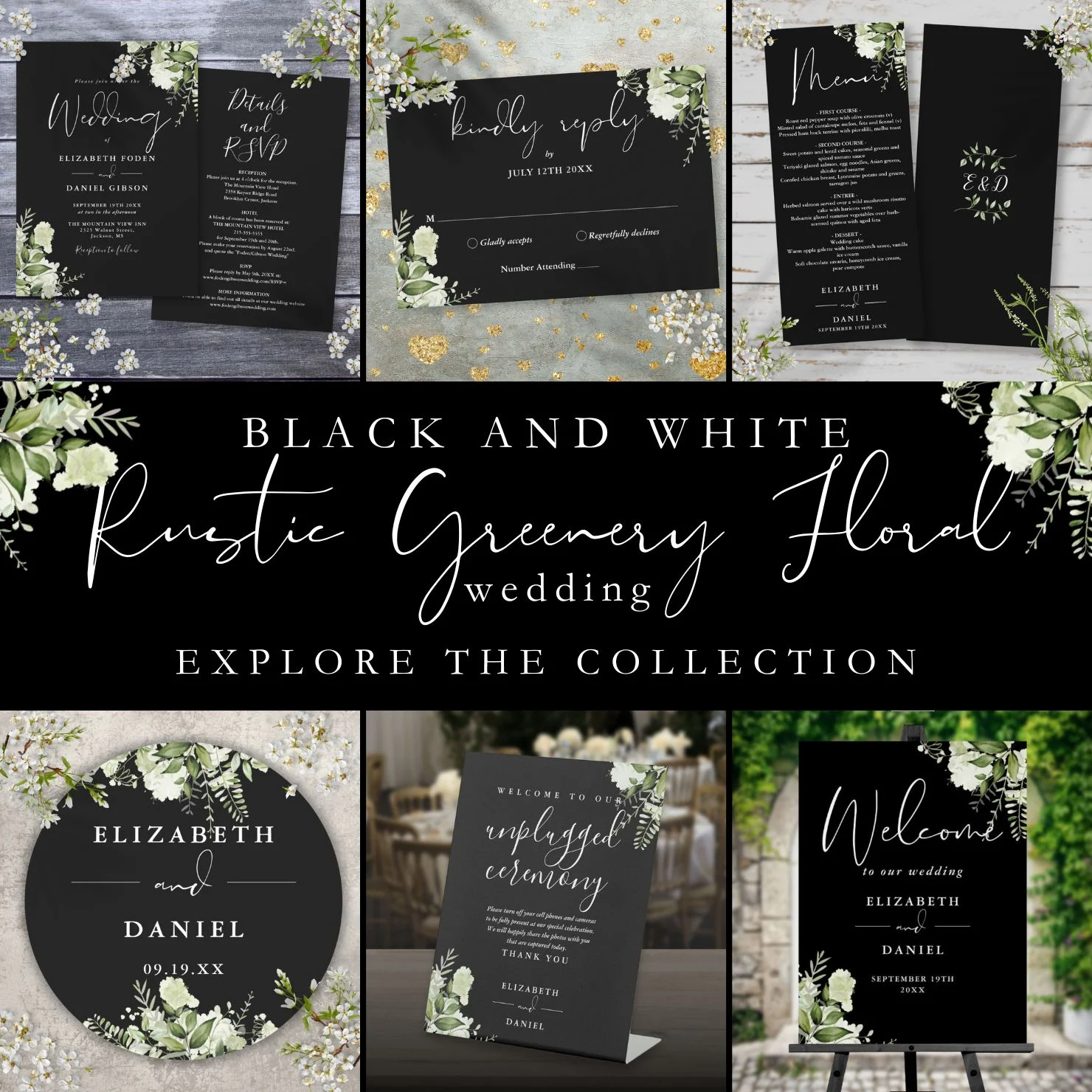Black and White Rustic Greenery Floral Wedding
