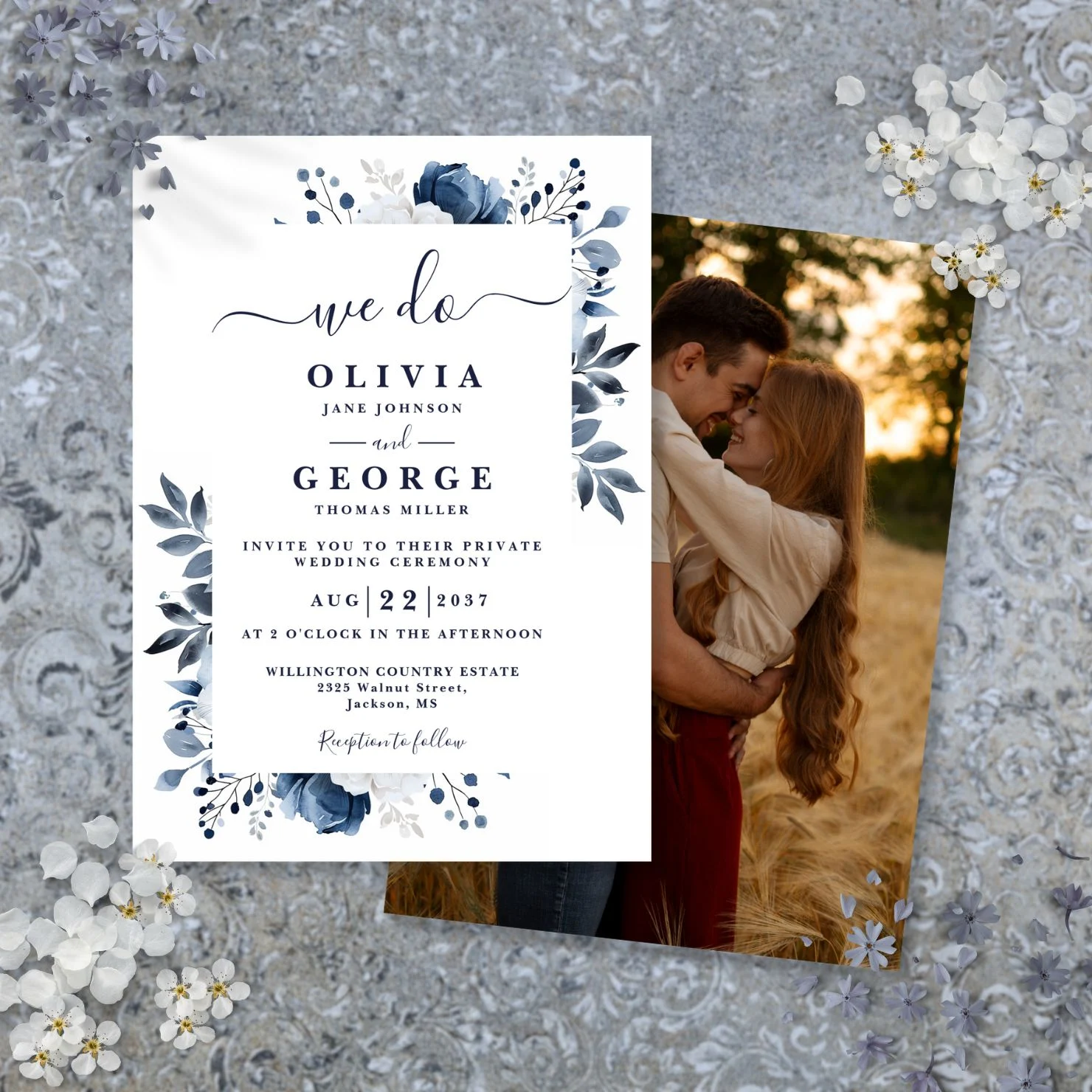 Blue Floral Intimate Private Wedding Photo Invitation