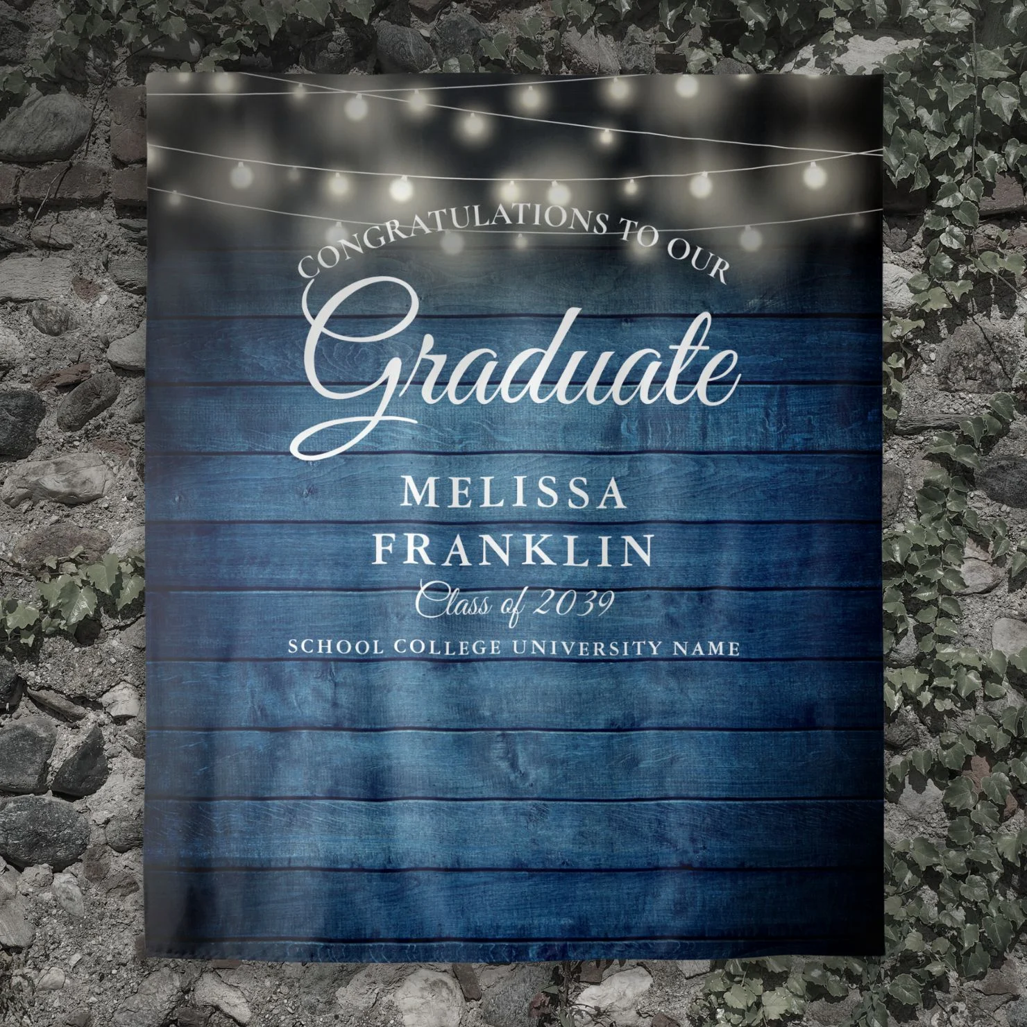 Blue Rustic Wood String Lights Graduation Backdrop