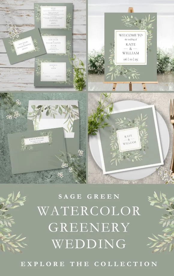 Botanical Sage Greenery Watercolor Wedding Suite