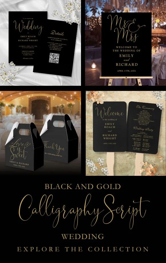 Black And Gold Calligraphy Script Wedding Suite