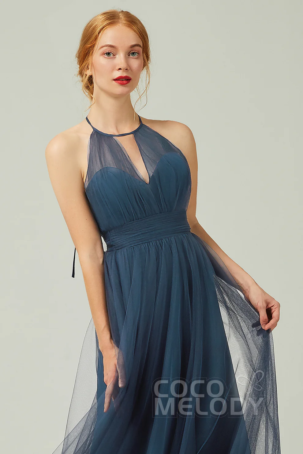 A-Line Floor Length Tulle Bridesmaid Dress Close