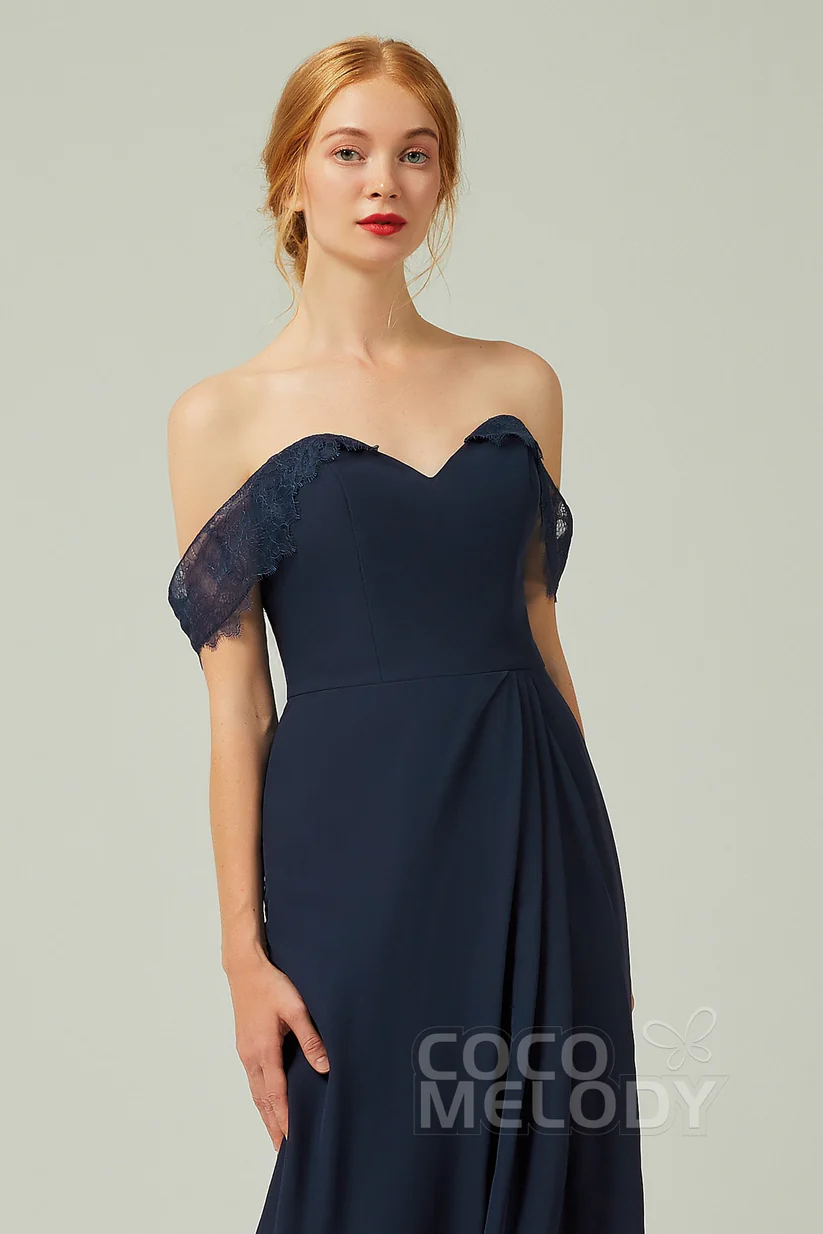 Cocomelody Sheath-Column Floor Length Chiffon Bridesmaid Dress Front close up