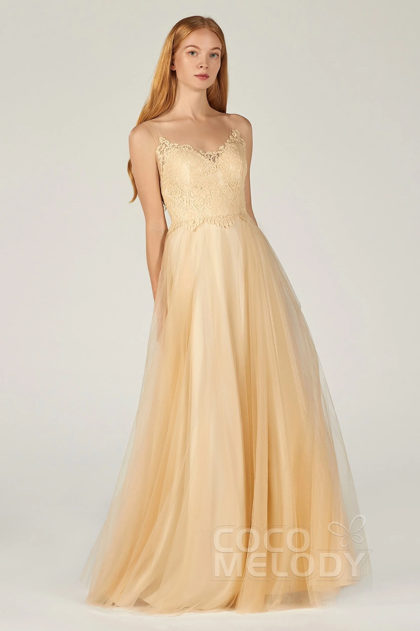 Cocomelody A-Line Floor Length Tulle Lace Bridesmaid Dress