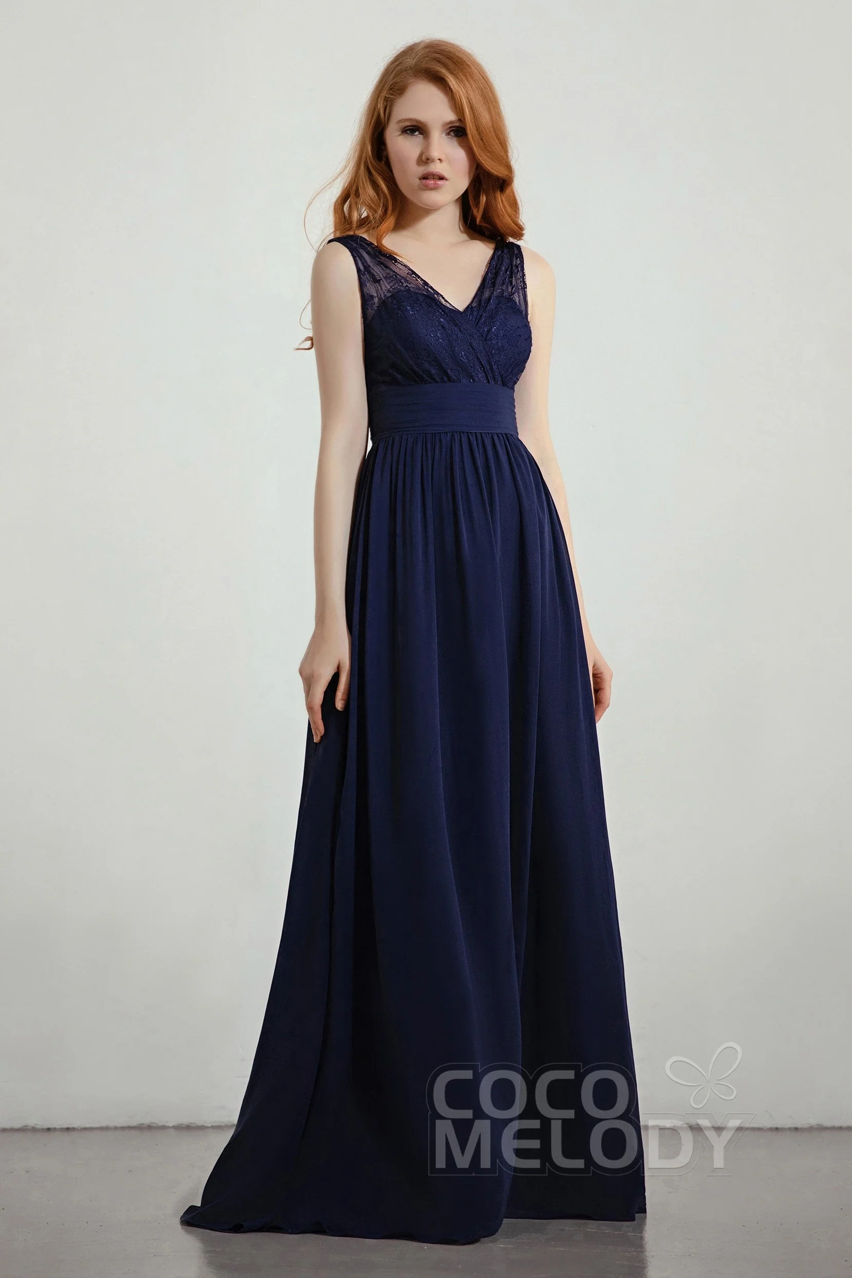 Cocomelody A-Line Floor Length Chiffon Lace Bridesmaid Dress