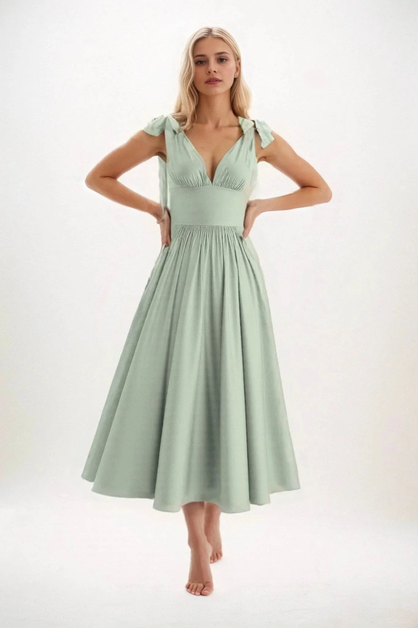 Cocomelody A-Line Midi Luxe Satin Bridesmaid Dress Sage