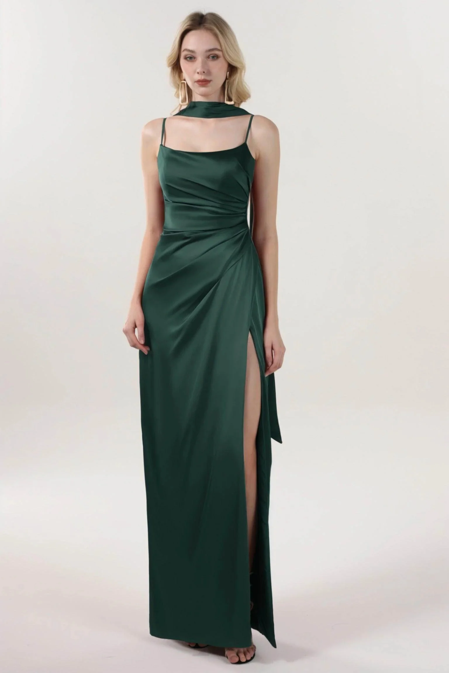 Cocomelody Sheath-Column Maxi Luxe Scoop Satin Bridesmaid Dress