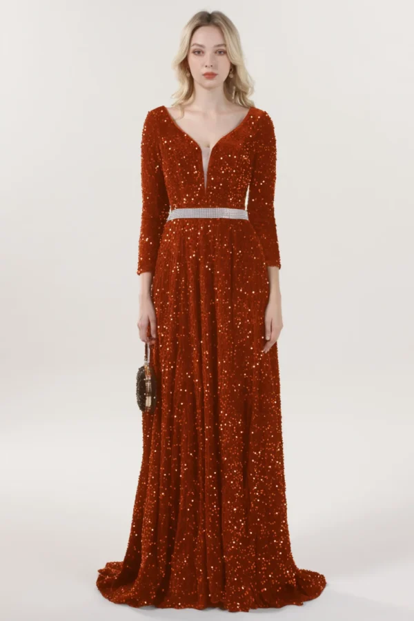 Cocomelody A-Line Sweep-Brush Train Velvet Sequin Dress