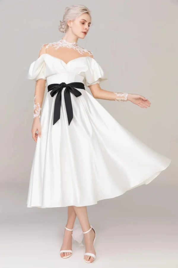 Cocomelody A-Line Tea Length Satin Tulle Wedding Dress